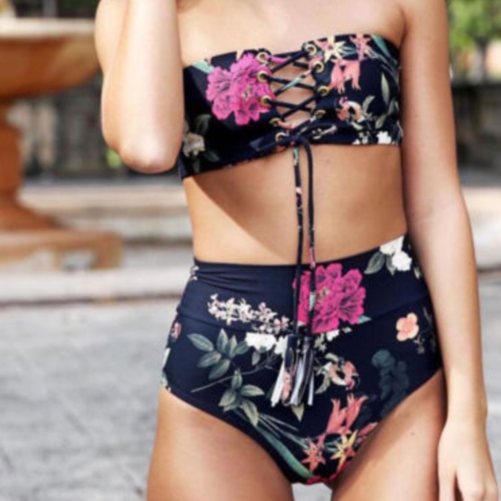 Lace up high waist bikini floral
